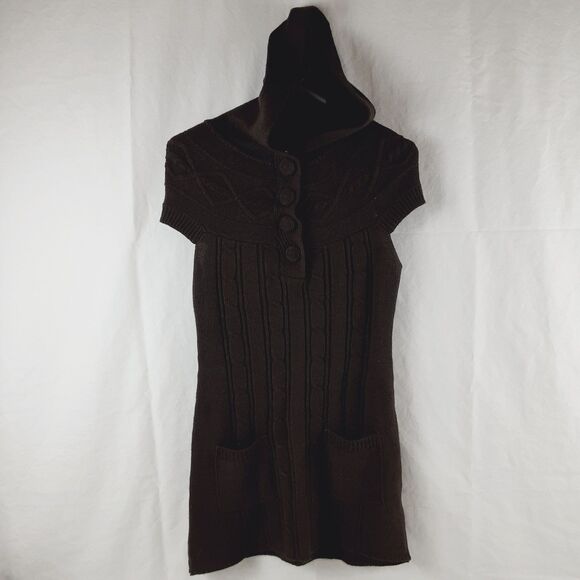 Yoki Sweater Hoodie Tunic Dress Short Sleeved Y2K Brown Knit Ribbed Teen Medium - Picture 1 of 12